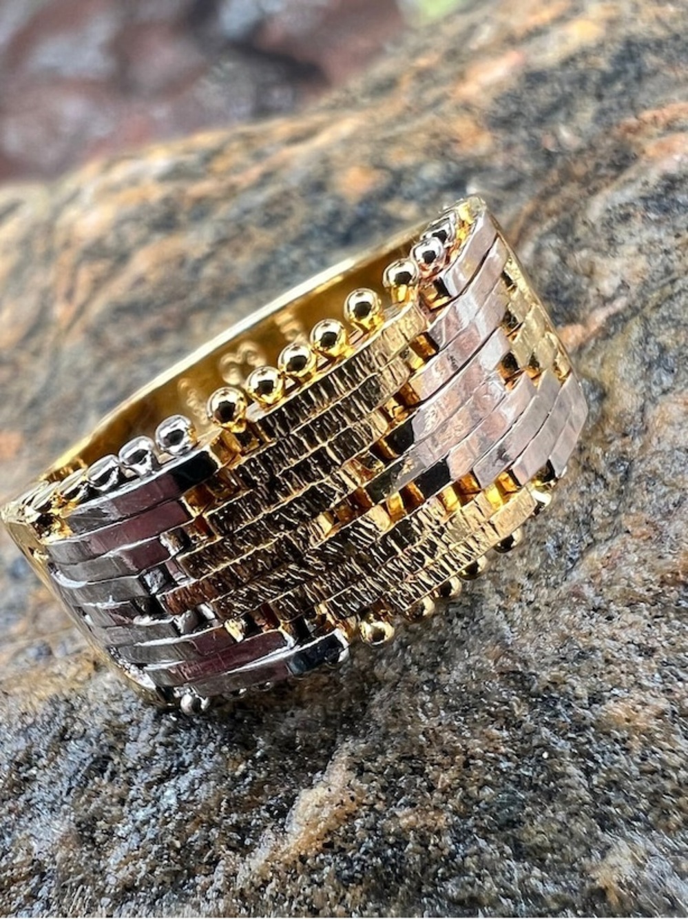 TriTone Gold, bronze and Silver Textured herringbone Ring - Women's Jewelry